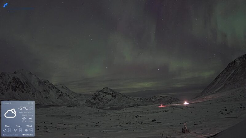 Latest live northern lights webcam from Kulusuk (E), Greenland in Greenland
