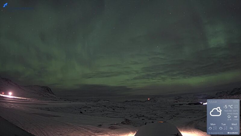 Latest live northern lights webcam from Kulusuk (W), Greenland in Greenland